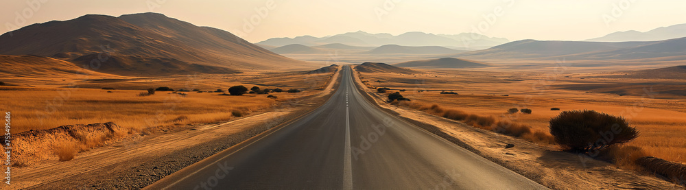 Fototapeta premium The open road stretches endlessly, cutting through the heart of the vast, golden desert landscape