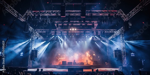 A Live stage production overhead trusses and lighting in a live venue. Stage rigging equipment. photo