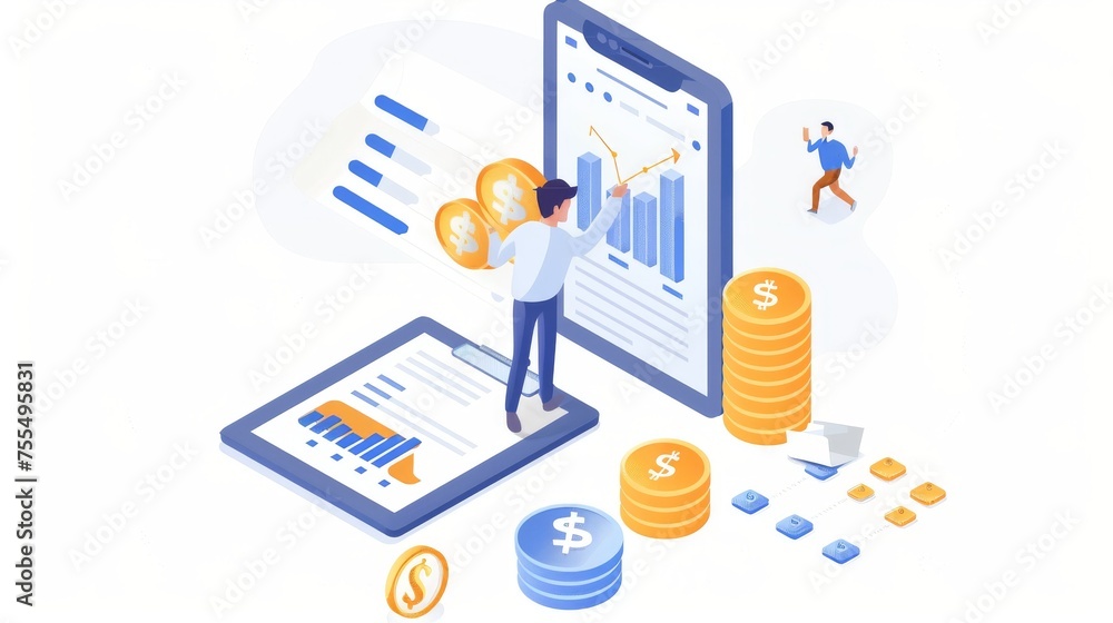 A character appears pushing a large coin towards a stack of coins a clipboard of data floated beside the stack of coins. A character appears pushing a large coin towards a stack of coins a clipboard of data floated beside the stack of coins.