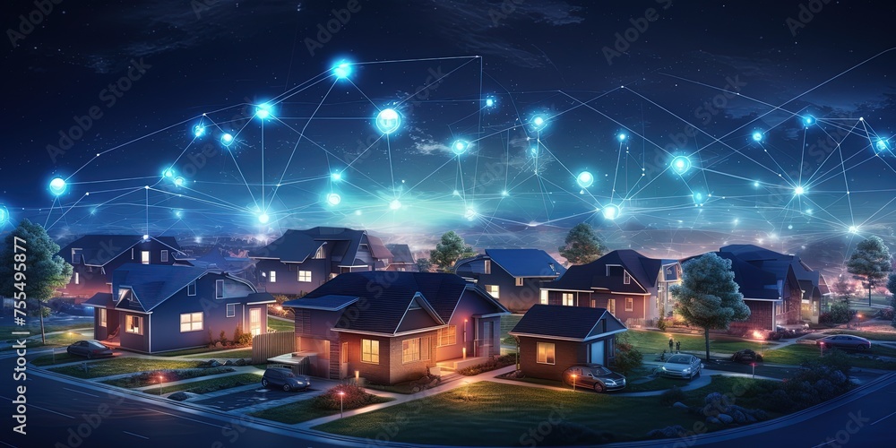 Fototapeta premium A peace ful digital suburban community, smart homes and digital community. DX, Iot, digital network in society concept. suburban houses at night.