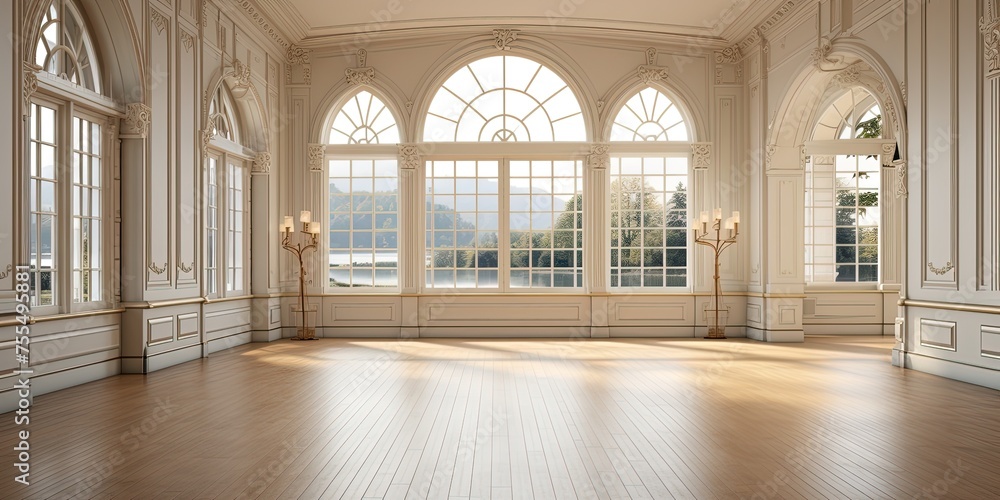 A room with arched windows that allow warm natural light to flood in, illuminating the wooden floor and walls adorned with intricate molding and fixtures, creating a timeless and inviting atmosphere A room with arched windows that allow warm natural light to flood in, illuminating the wooden floor and walls adorned with intricate molding and fixtures, creating a timeless and inviting atmosphere