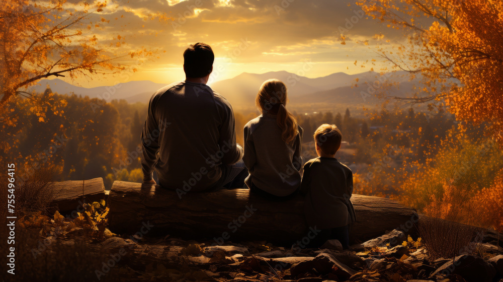 View from behind of a family of three people View from behind of a family of three people
