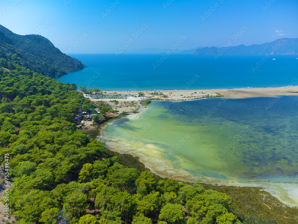 Loggerhead turtle spawning site Iztuzu Beach. It is known for its blue crab and golden sands. Next to Dalyan delta. Drone view from above valley of beach and mountains. Tourist place in Turzia.