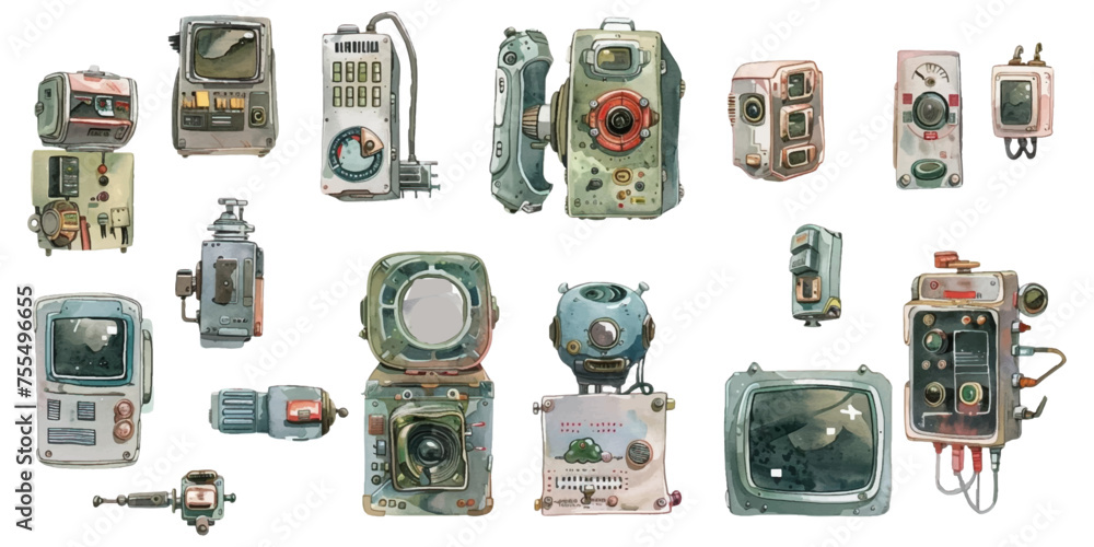 Set of watercolor technology equipment on white background. Set of watercolor technology equipment on white background.