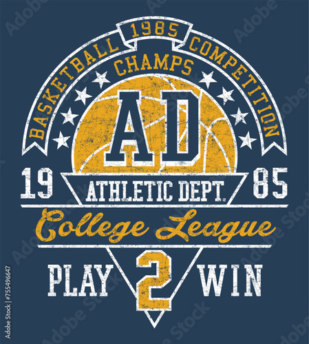 College athletic department basketball league  vintage vector print for boy kids t shirt grunge effect in separate layers