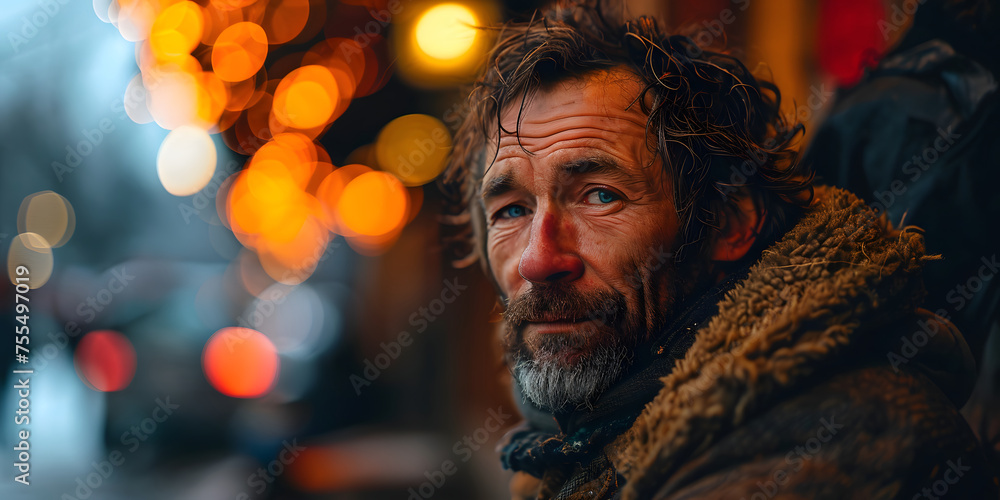 Old Homeless Man Sitting on the Street in Winter. Homeless Beggar on Snowy Street