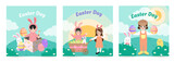 Happy Easter Set of greeting cards, posters, holiday covers. Trendy design with typography, girl, dots, eggs and bunny, in pastel colors. vector illustrator
