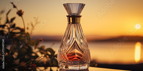 An elegant perfume bottle, its glass facets catching the golden tones of a setting sun, radiating luxury