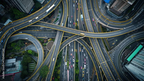 Scenic huge road interchange with transportation traffic, highway, expressway, aerial view, illustration
