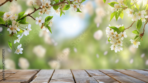 Spring background with flowering branches and wooden base