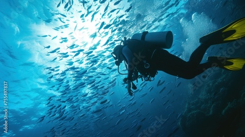 Scuba diver watching beautiful colorful coral reef with shoal of red fish