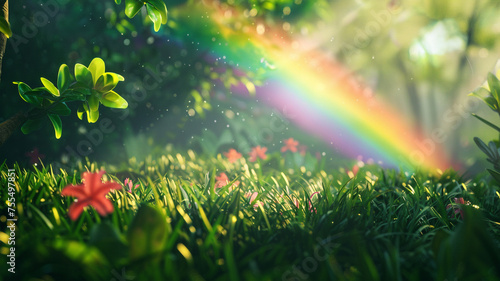 a rainbow in a lush green field