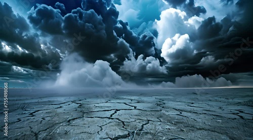 Dramatic Storm Clouds Over Cracked Land with AI generated.
 photo