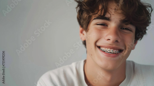 Portrait of a man teenager with braces on teeth.