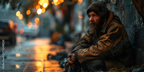 Old Homeless Man Sitting on the Street in Winter. Homeless Beggar on Snowy Street