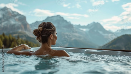 Portrait of young carefree happy woman relaxing at hot tub during enjoying happy traveling moment vacation