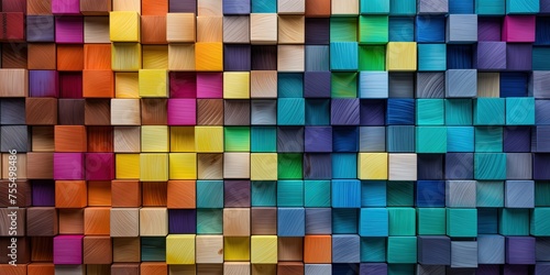Colorful wooden blocks aligned. Wide format.