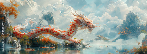 Majestic Asian dragon soaring over a tranquil lake with autumn foliage. © Gayan