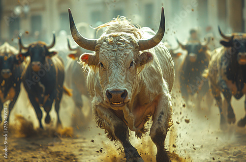 Charging bull leading a stampede with dust flying around, depicting action and strength.
