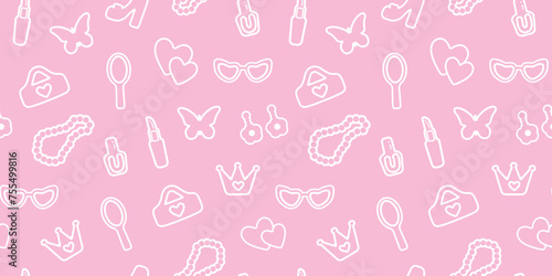 seamless, pink pattern. Pattern with contour details for a girl. Shoes, lipstick, earrings, glasses, jewelry, heart. Print on textiles, paper, banner. art vector illustration. barbie style