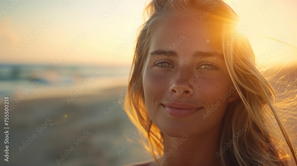 Close-up of a young woman on the beach at sunset, with sun rays adding a warm glow to her freckled face and windblown hair.