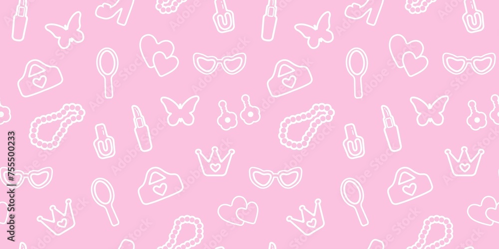 seamless, pink pattern. Pattern with contour details for a girl. Shoes, lipstick, earrings, glasses, jewelry, heart. Print on textiles, paper, banner. art moderb illustration. seamless, pink pattern. Pattern with contour details for a girl. Shoes, lipstick, earrings, glasses, jewelry, heart. Print on textiles, paper, banner. art moderb illustration.