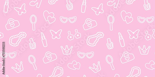 seamless, pink pattern. Pattern with contour details for a girl. Shoes, lipstick, earrings, glasses, jewelry, heart. Print on textiles, paper, banner. art moderb illustration.
