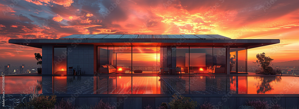 Modern house with panoramic windows at sunset. - obrazy, fototapety, plakaty 