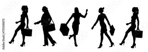 Silhouette collection of business woman carrying briefcase in expressive pose