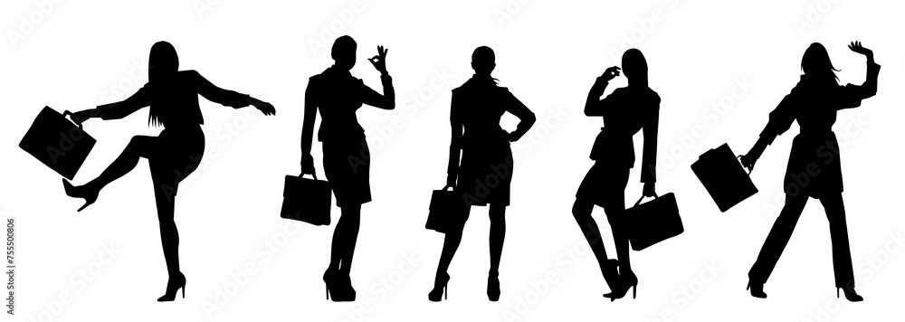 Silhouette collection of business woman carrying briefcase in expressive pose Silhouette collection of business woman carrying briefcase in expressive pose
