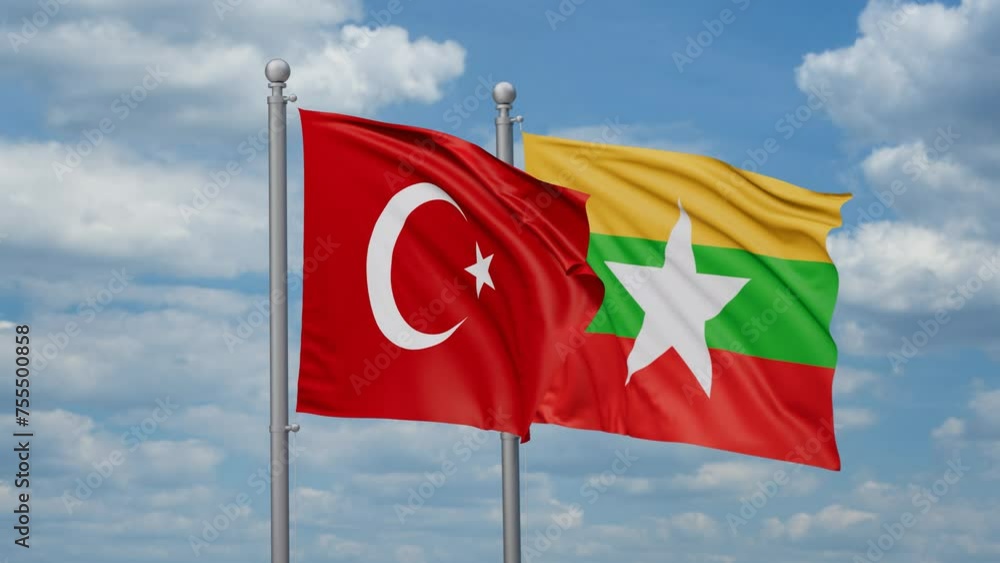 Myanmar aka Burma and Turkey two flags waving together, looped video, two country relations concept Myanmar aka Burma and Turkey two flags waving together, looped video, two country relations concept