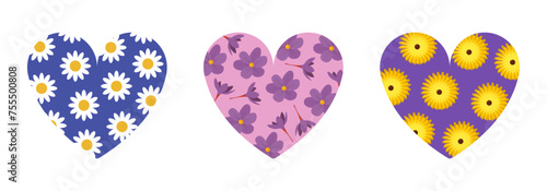 Collection of heart silhouettes with flowers inside. Retro floral collage with chamomiles, crocus, aster elements for design cards, posters, stickers, icon. Vector