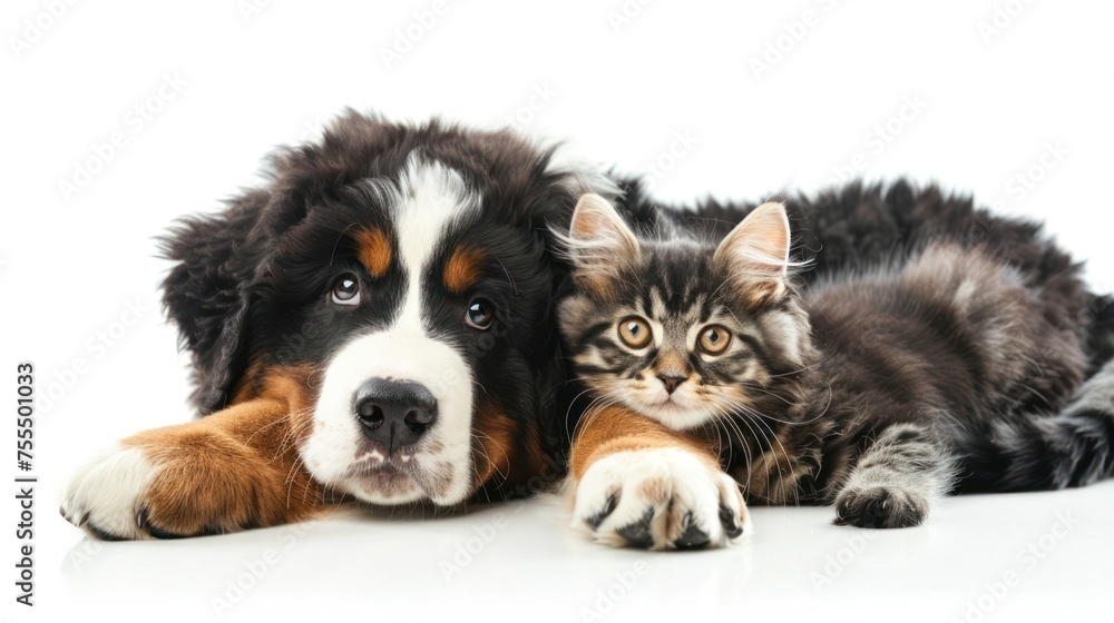 Obraz premium A dog and a cat are laying on a white surface. The scene is peaceful and calm