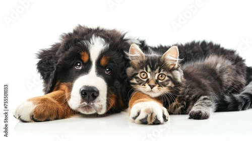 A dog and a cat are laying on a white surface. The scene is peaceful and calm © Nico