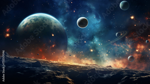 A celestial scene with planets moons and shooting star