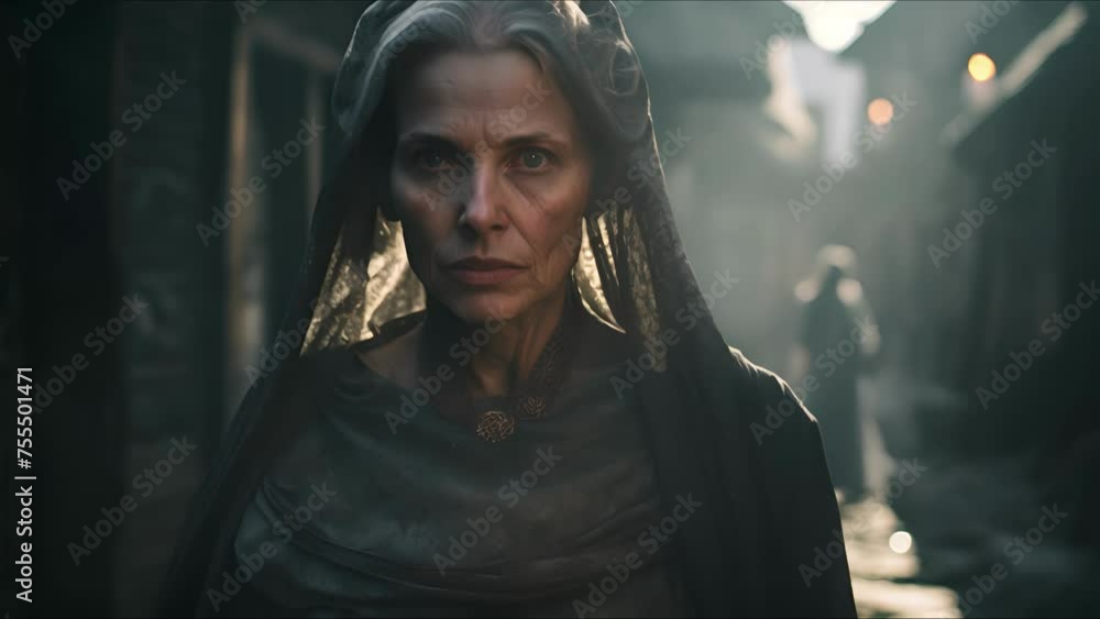 Witch over fantasy medieval background. The concept of medieval history, life and culture. Ai-generated. Witch over fantasy medieval background. The concept of medieval history, life and culture. Ai-generated.