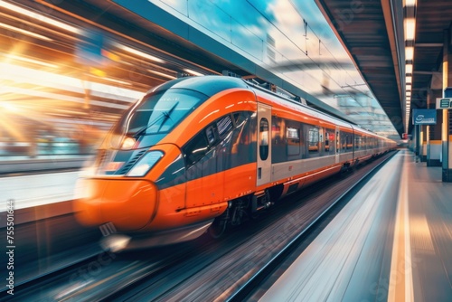 A train moves over the tracks in bright orange