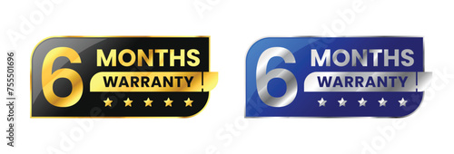 6 Months warranty label, badge, icon, logo. Parallelogram rhombus shape with gold and silver color. Vector Illustration