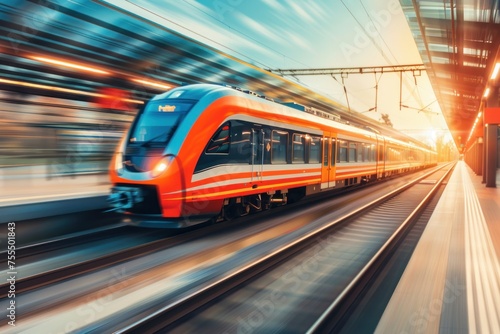 A train moves through the tracks in a bright orange and white color scheme. Fast moving trains
