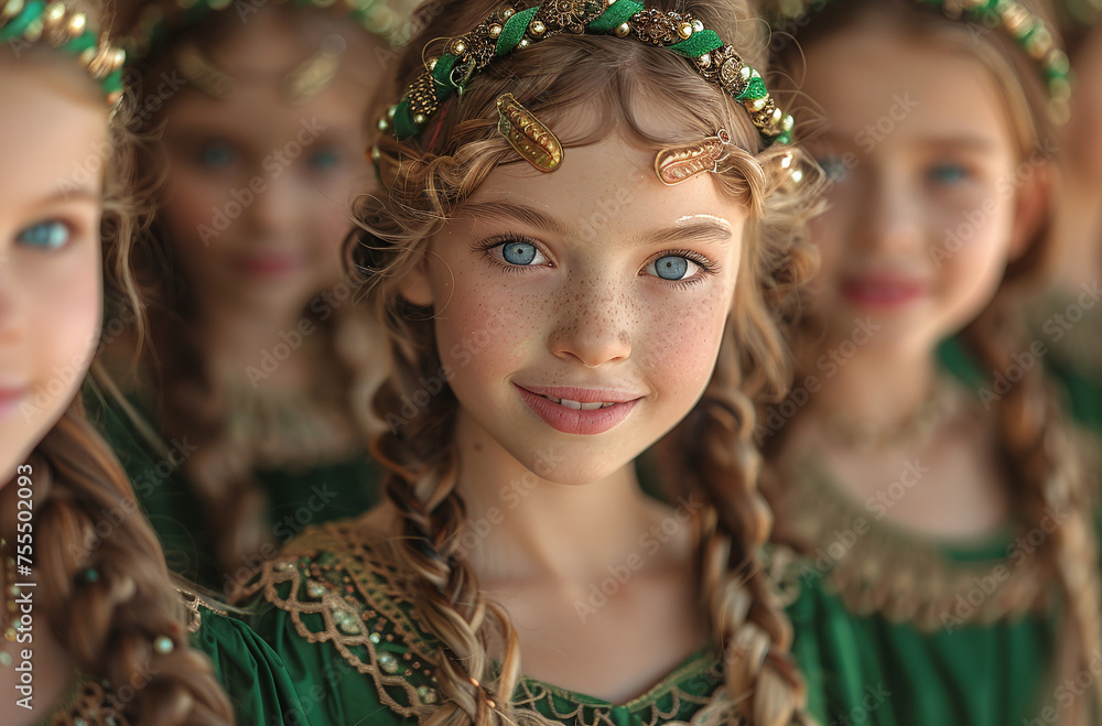 Portrait of a young girl with braided hair and a floral headband, flanked by others in soft focus. Portrait of a young girl with braided hair and a floral headband, flanked by others in soft focus.