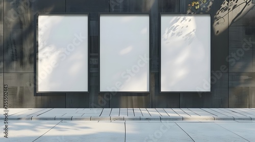Blank whiteboard advertising. three outdoor billboard side by side. front view. copy space, mockup product. photo