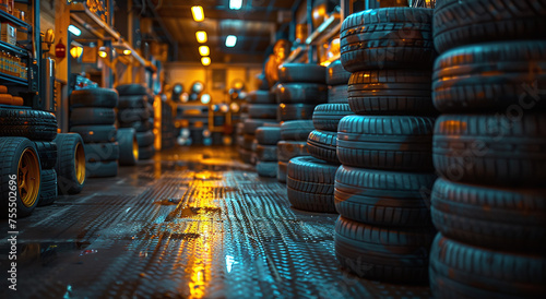Stacks of car tires in a warehouse with atmospheric lighting and a perspective view along the aisle. photo