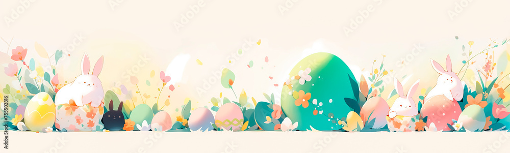 An advertising banner for Easter. Abstract background with shapes of Easter eggs and rabbits, pastel green background. A place for the text.