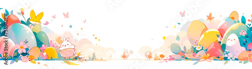 Easter banner with an abstract image in the shape of eggs, rabbits and birds.