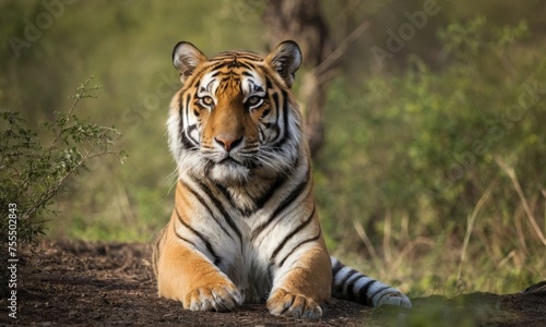 A tiger is laying down in the grass