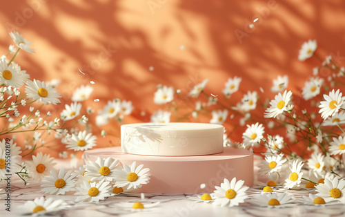 Background with podium for products presentation surrounded by daisies flowers, product display