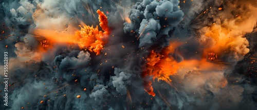 Splash explosion of black, grey with orange fog, colors cloud exploding background. wallpaper. copy space.  photo