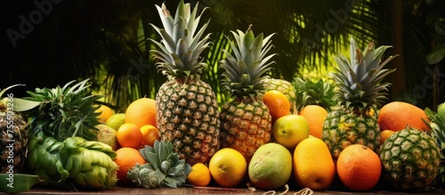 A variety of different types of fresh fruit is spread out on a table, including apples, oranges, bananas, grapes, and pineapples. The colorful assortment creates a vibrant and healthy display.