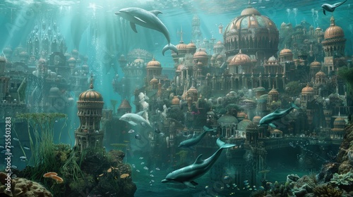 Streaming sunbeams illuminate an enchanting underwater city, replete with ancient architecture and teeming with marine life and dolphins.