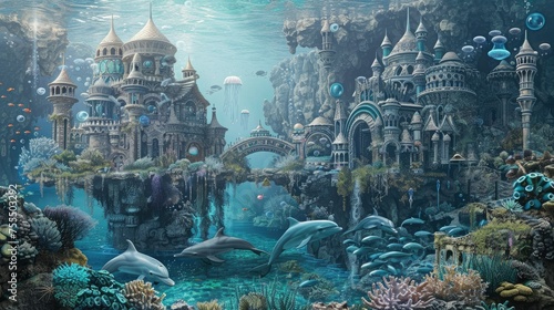 An enchanting underwater city with ancient architecture, teeming with marine life and dolphins, illuminated by streaming sunbeams.